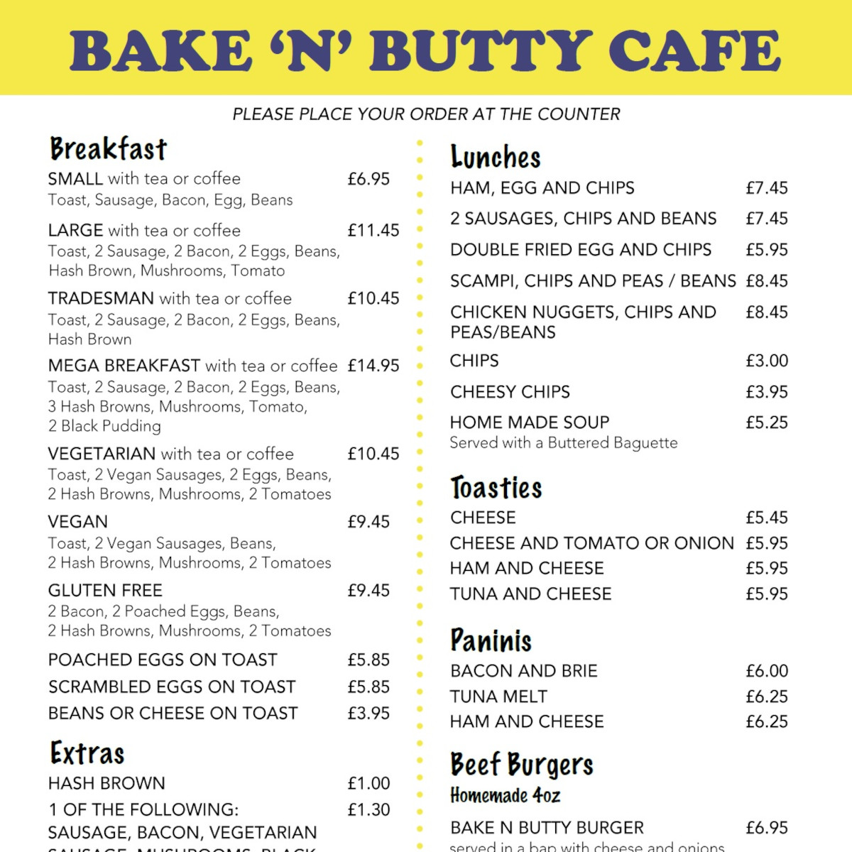 Menu Bake N Butty Cafe