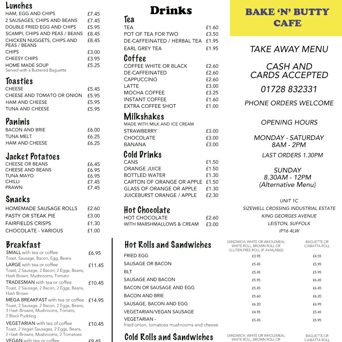 Menu Bake N Butty Cafe
